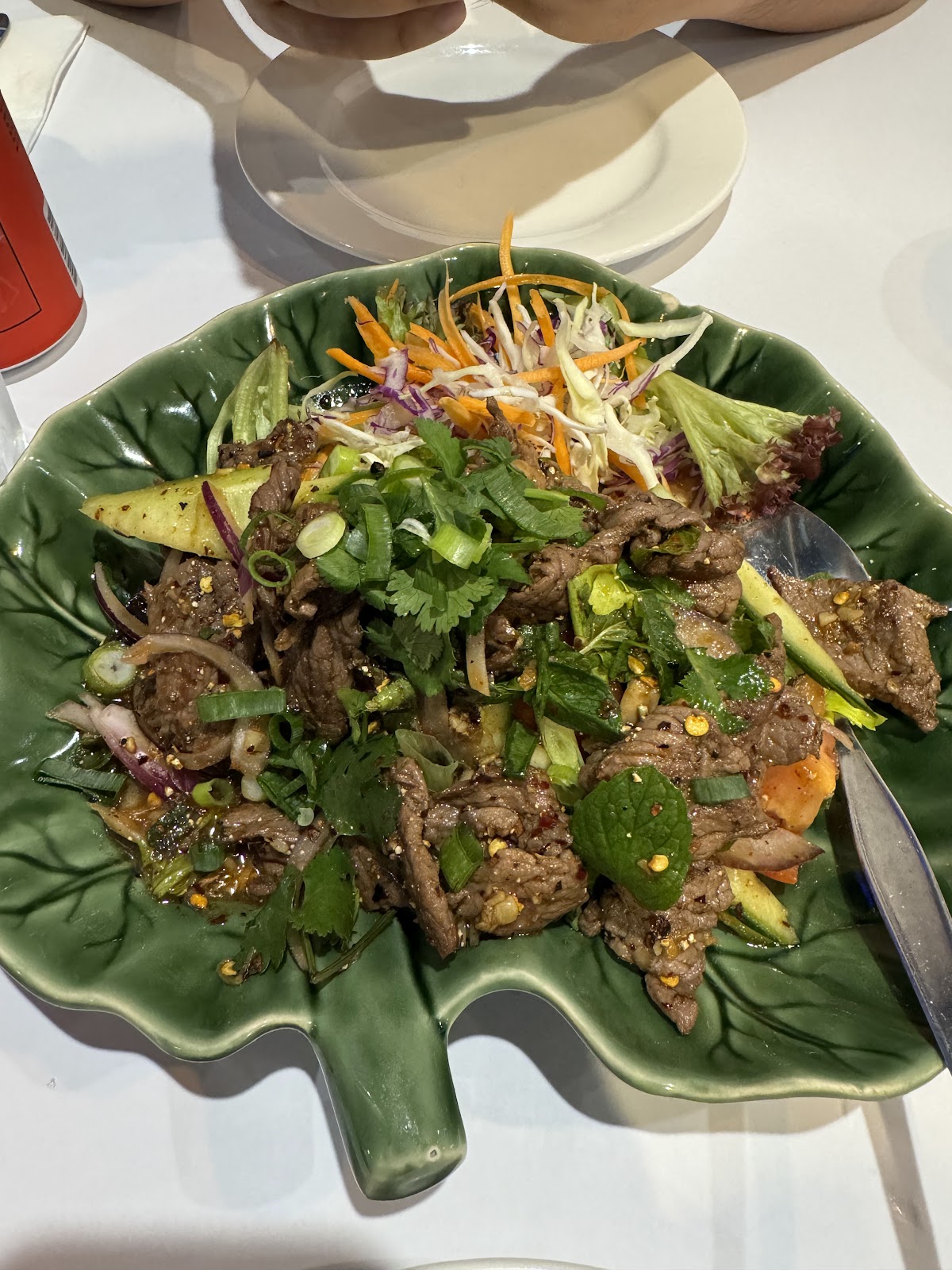 Thai beef salad with herbs served on a leaf-shaped plate