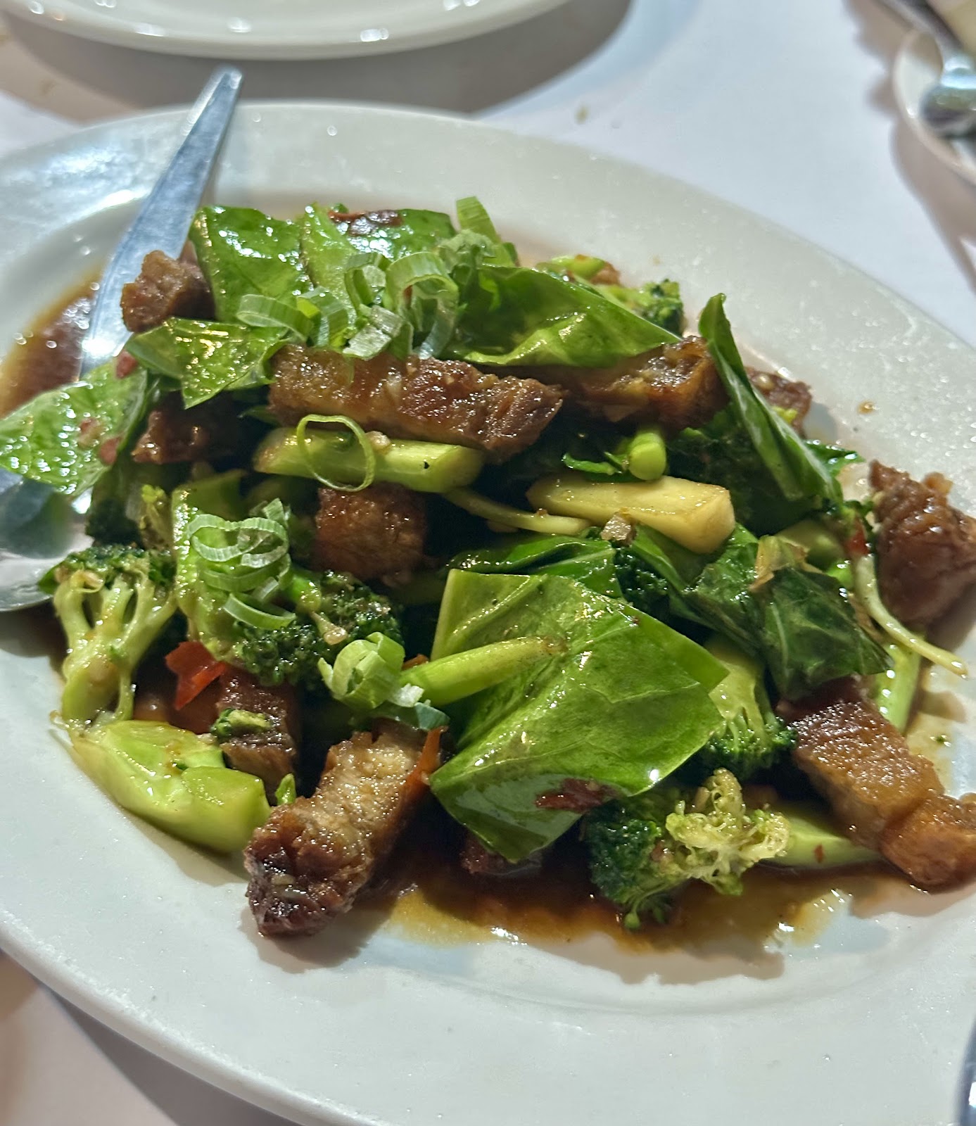 Crispy pork belly stir-fried with Chinese broccoli